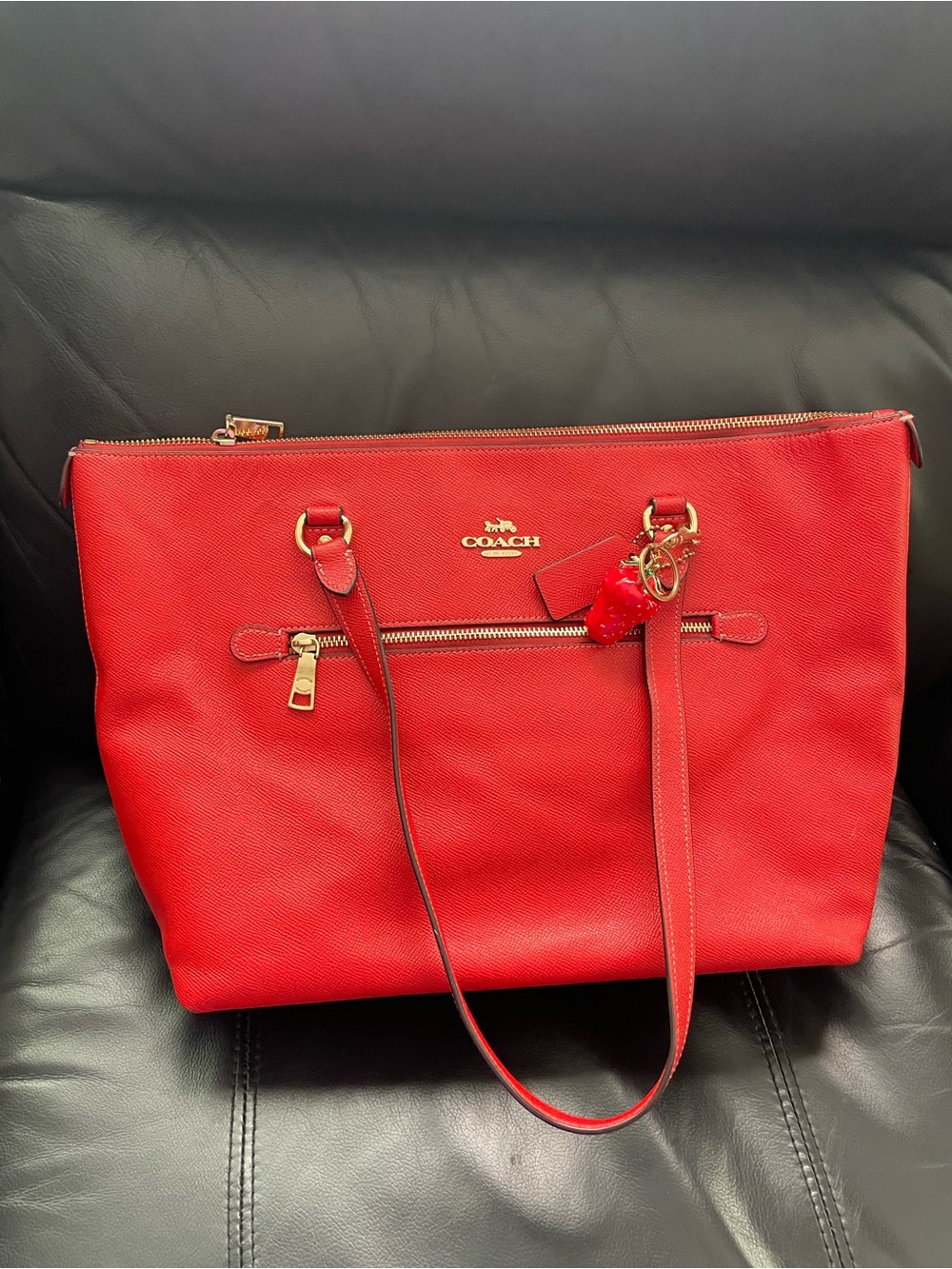 Coach Bright Red Leather Tote with Gold Hardware
